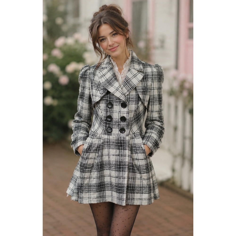 Chime Twee Plaid Double Breasted Pea Coat Jacket Check Fitted M Dark Acadamia